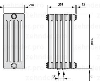 Схема (чертеж) Радиатор Zehnder Charleston 6100/6 №5410 Белый глянцевый RAL 9016